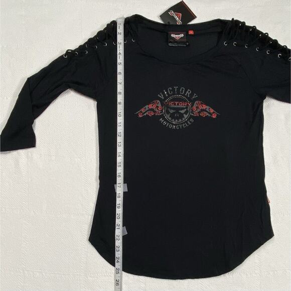 Victory Motorcycles Lace Up Skull Roses Bling Shirt XS Stretchy Biker - Picture 7 of 13